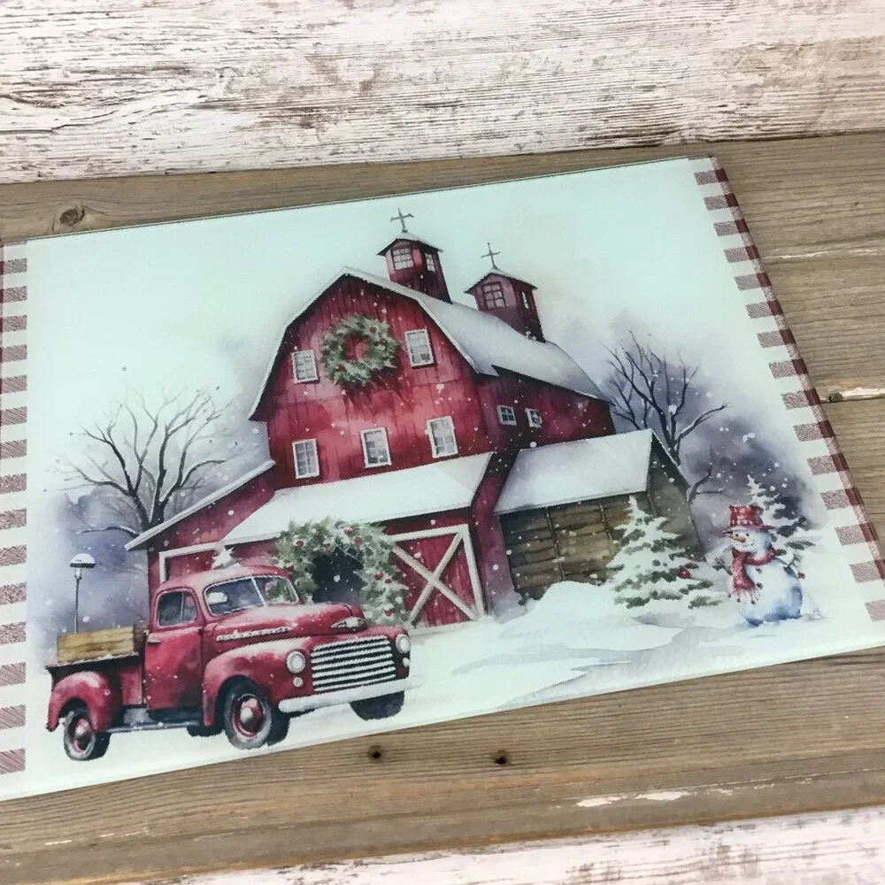 Red Truck Christmas on the Farm Glass Cutting Board 8